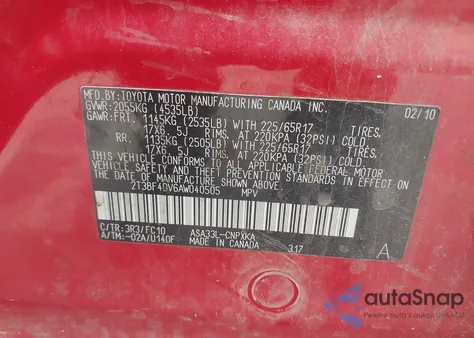 2010 Toyota Rav4 из США, поврежденный, VIN 2T3BF4DV6AW040505